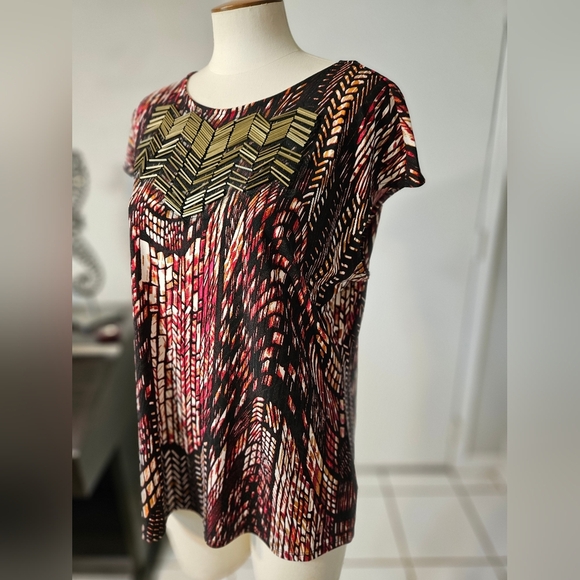 Worthington Stretch Short Sleeve Top With Beading, Red & Bronze Colors, XL - Picture 1 of 4
